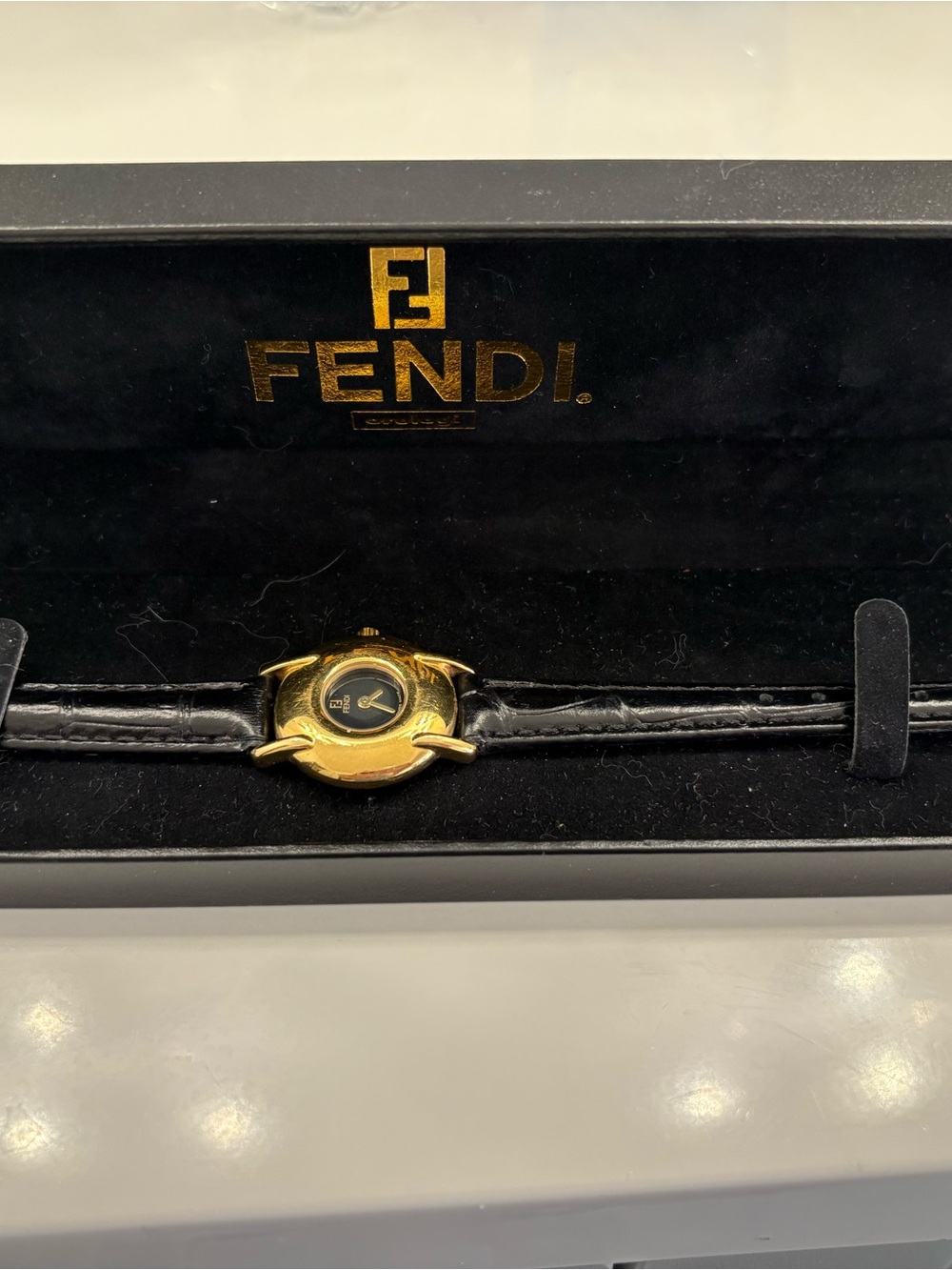 Fendi Women’s Gold Tone Case with Black Dial and Black Leather Strap Watch